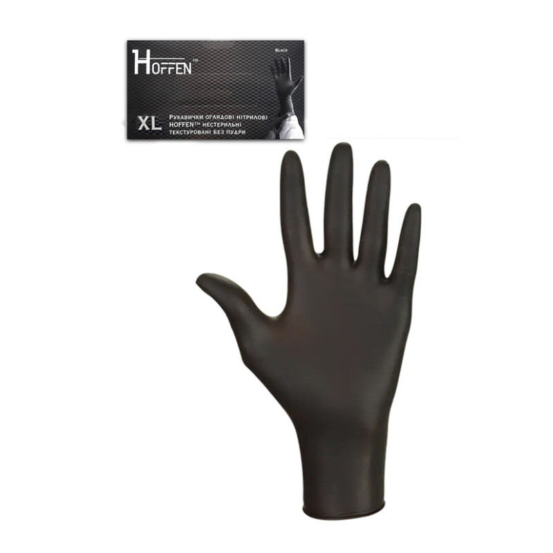 Рукавички оглядові нітрилові HOFFEN чорні  р. XL (уп.50 пар) 